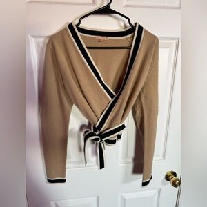 KIER + J Tan V-Neck Wrap Crop Sweater
